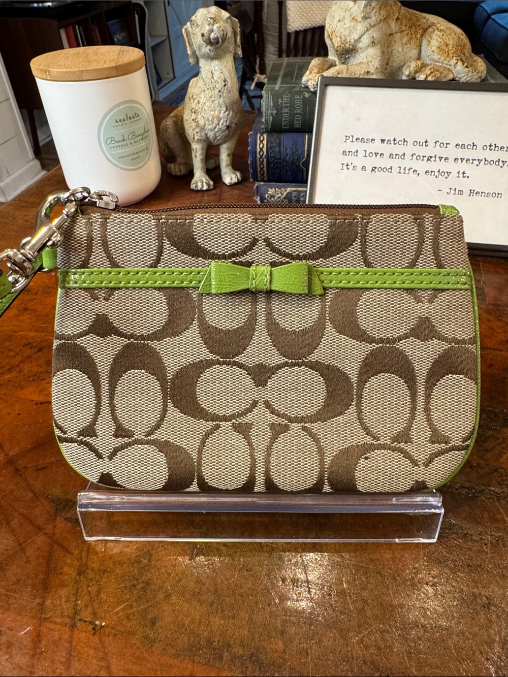 COACH Signature Canvas Wristlet with Green Trim and Bow